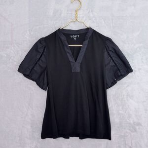 LOFT Black Mixed Media Top Size M Cotton Split Neck Puff Sleeve Ladder Stitch